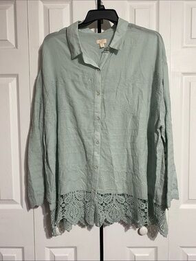 LOGO Lavish sea foam green cotton lace button down top blouse  tunic shirt SZ 3X